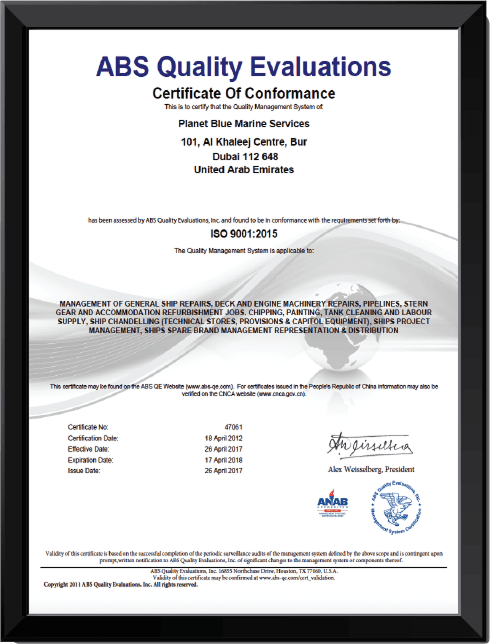 ISO Certificate of Conformance
